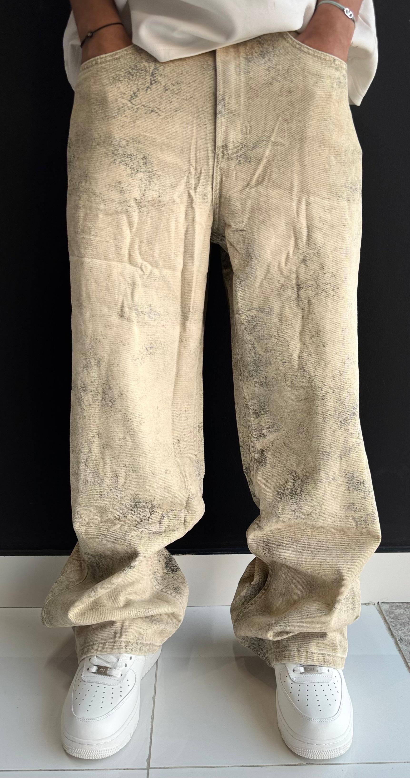 ZARA Vintage Acid Wash Baggy Jeans - Cream & Grey Distressed Denim