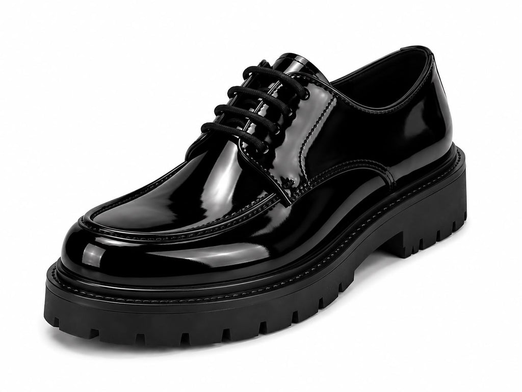 Black Men's Lace-Up Formal Shoes, Teenager Derby Shoes, Thick Sole Commuter Leather Shoes With High-End Feel, Black Chunky Lace-Up Fashionable Men's Shoes, Wedding Shoes