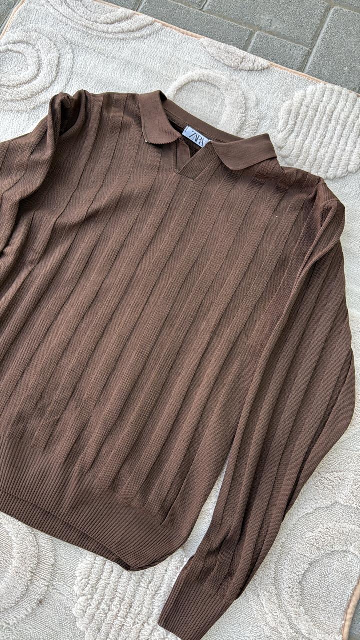 Zara Brown Ribbed Knit Polo Sweater | Dark Chocolate Jumper