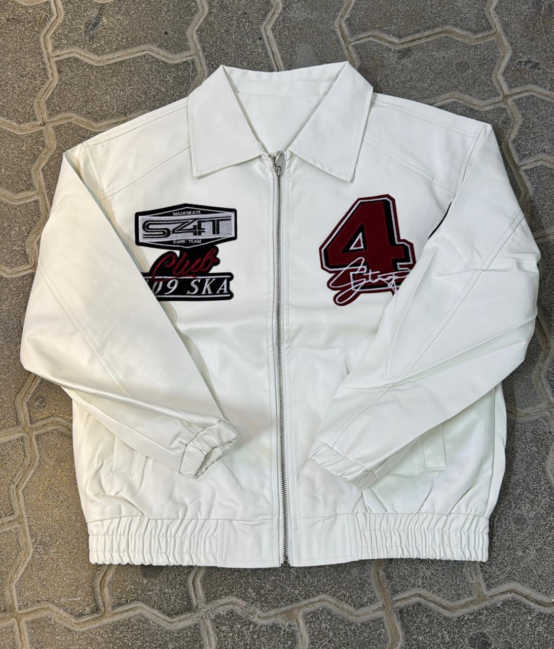 White Faux Leather Racing Jacket with Patches | Embroidered Red "4" & "Club SKA" Logos | Y2K Streetwear