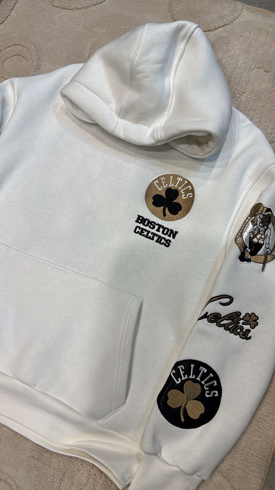 Boston Celtics Cream Heavyweight Multi-Patch Hoodie - Premium NBA Streetwear