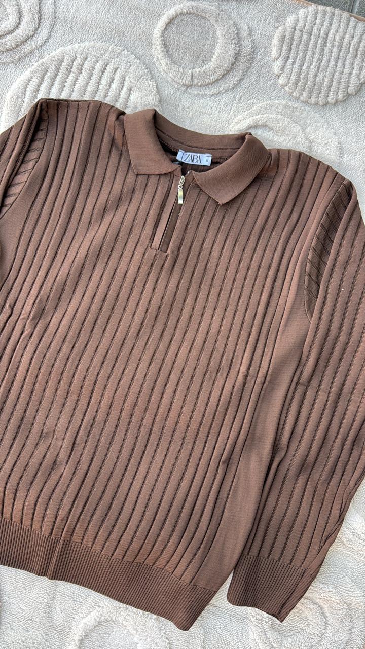 Zara Brown Ribbed Knit Quarter-Zip Polo Sweater