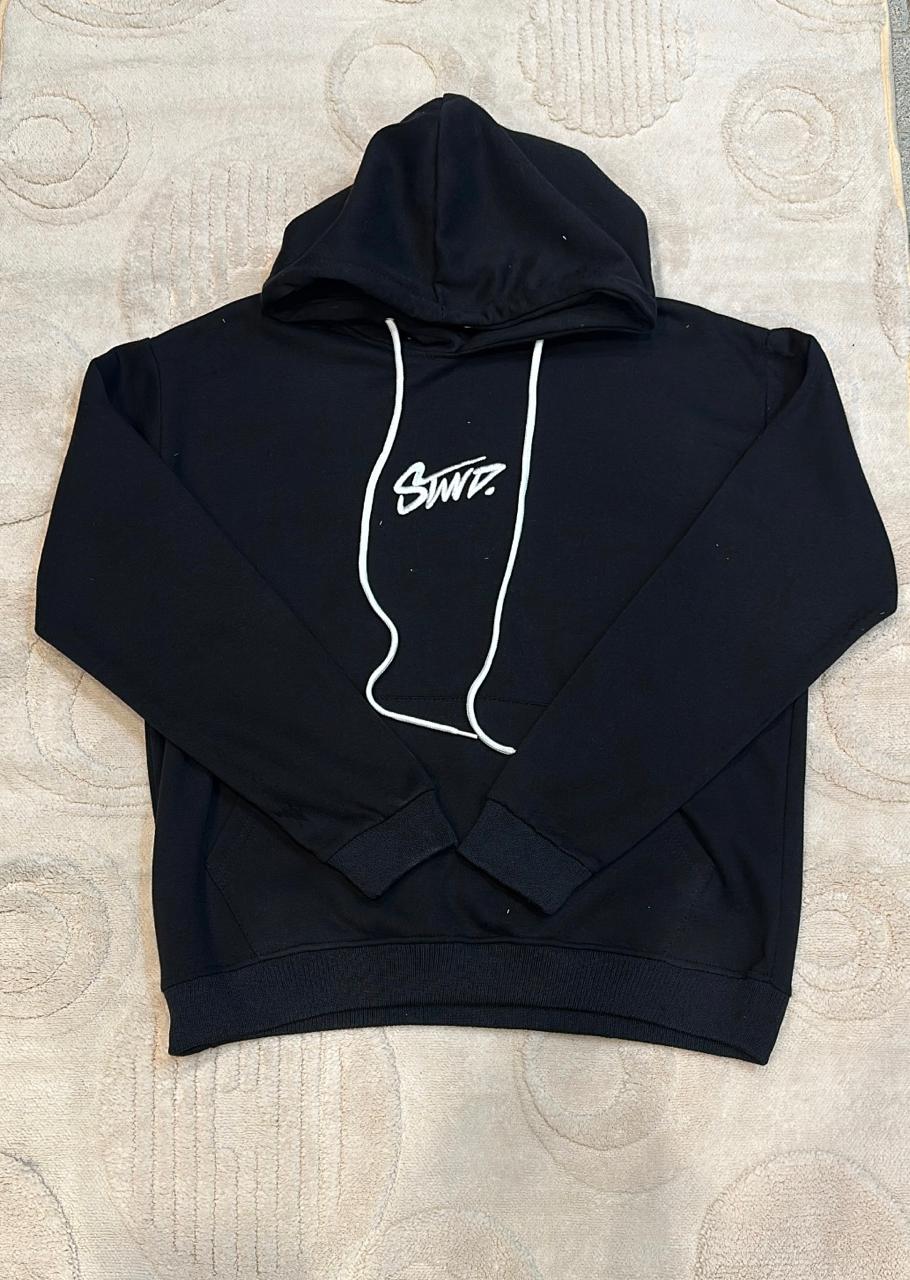 STWD. Logo Black Pullover Hoodie - Classic Unisex Sweatshirt with White Drawstrings