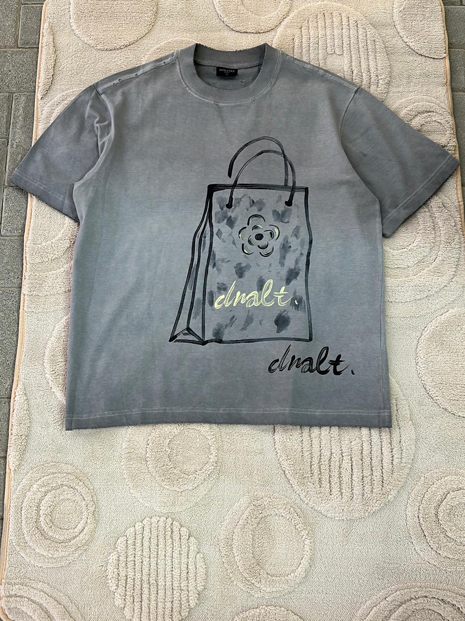 Vintage Wash Graphic Tee - Shopping Bag Print with Flower Detail