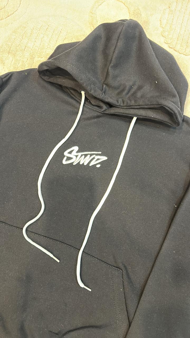 STWD. Logo Black Pullover Hoodie - Classic Unisex Sweatshirt with White Drawstrings