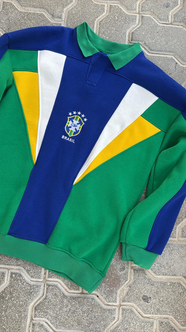 Vintage Brazil CBF Color Block Polo Sweatshirt | Retro Football / Soccer Pullover | Green, Blue, Yellow