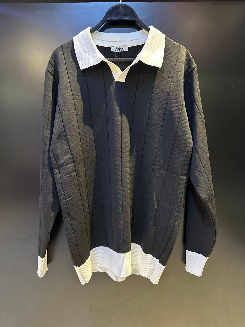 Zara Two-Tone Black Knit Polo Sweater with White Contrast