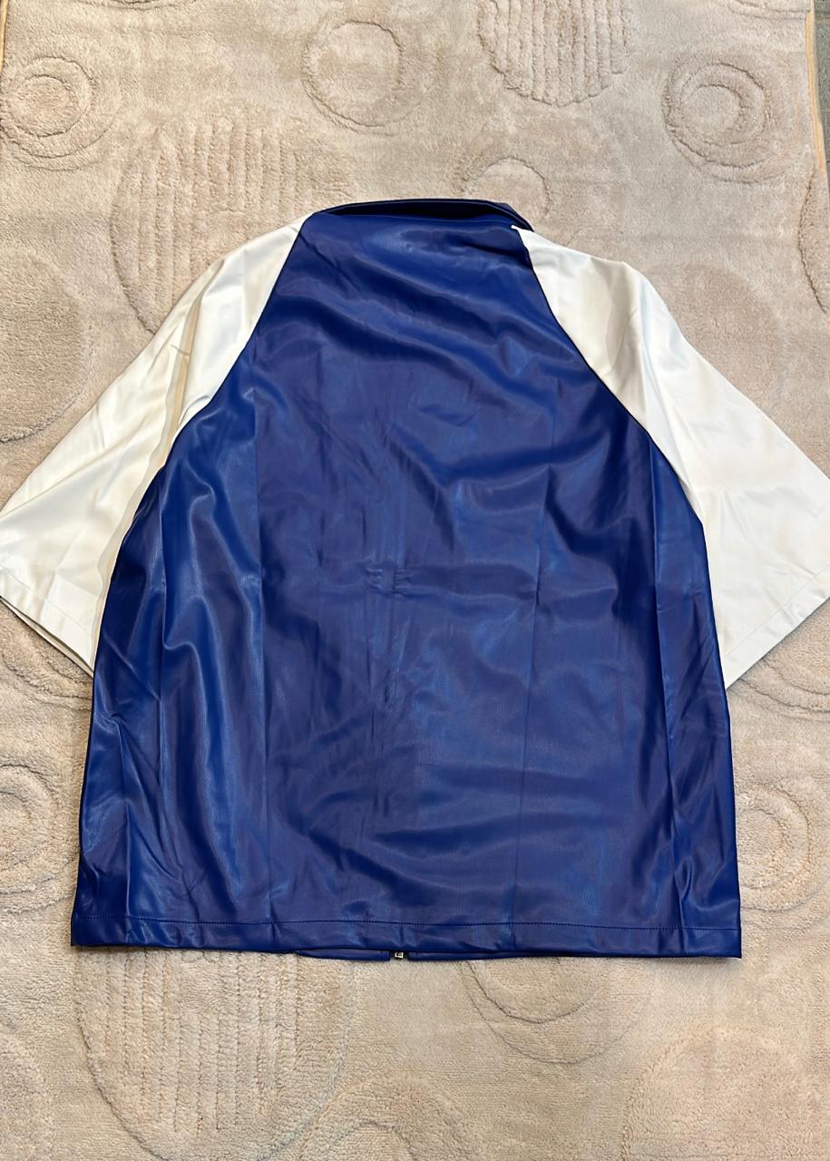 Maricha Palmar Blue Faux Leather Short-Sleeve Zip-Up Jacket | Striped Sporty Collar Top