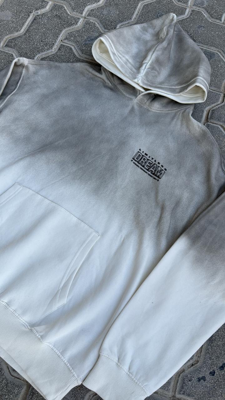 Oversized Tie-Dye Ombre Hoodie | Faded Grey/White Wash Sweatshirt with "DREAM" Graphic