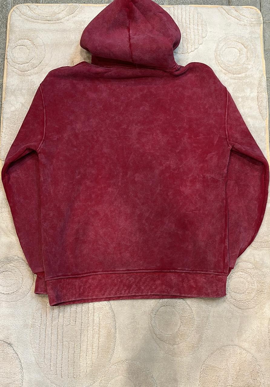 Distressed Burgundy/Maroon Acid Wash Hoodie with Embroidered Logo and Safety Pin Detailing
