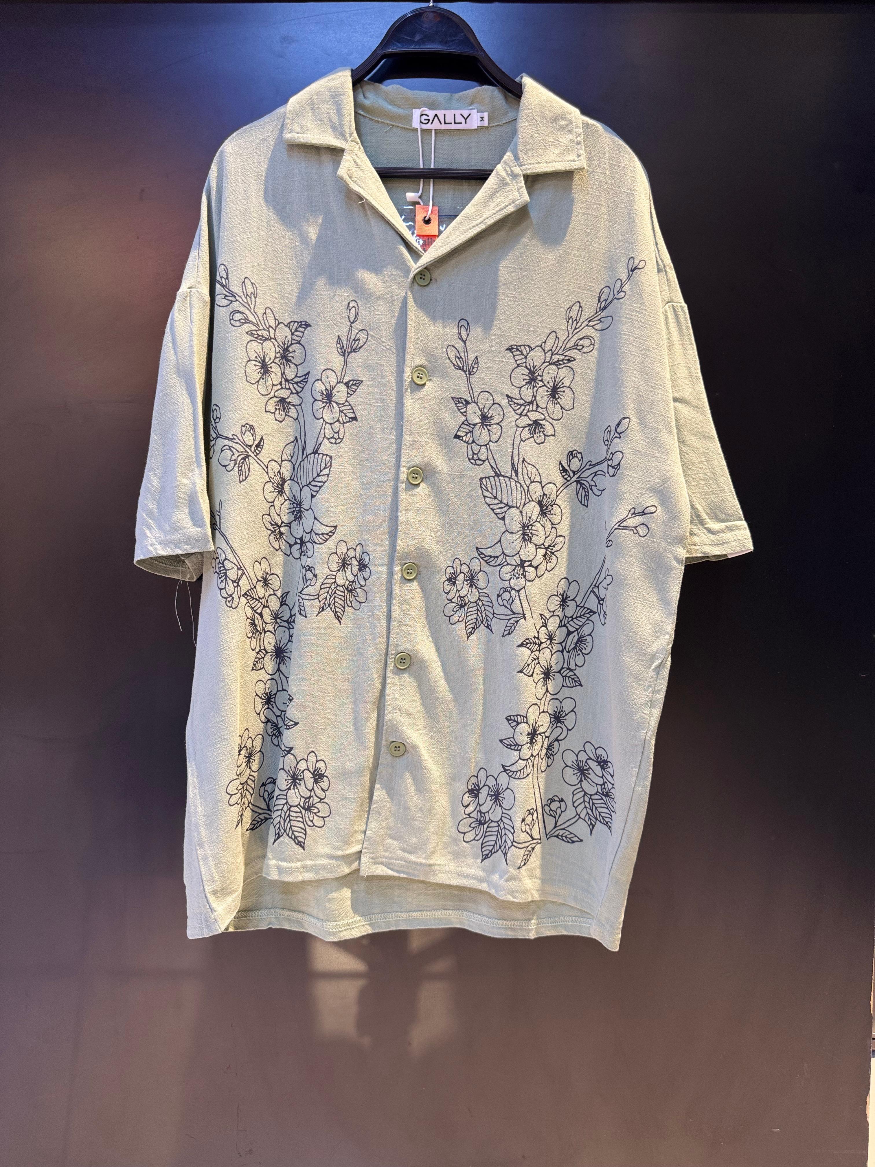 Sage Green Camp Collar Shirt with Black Floral Embroidery