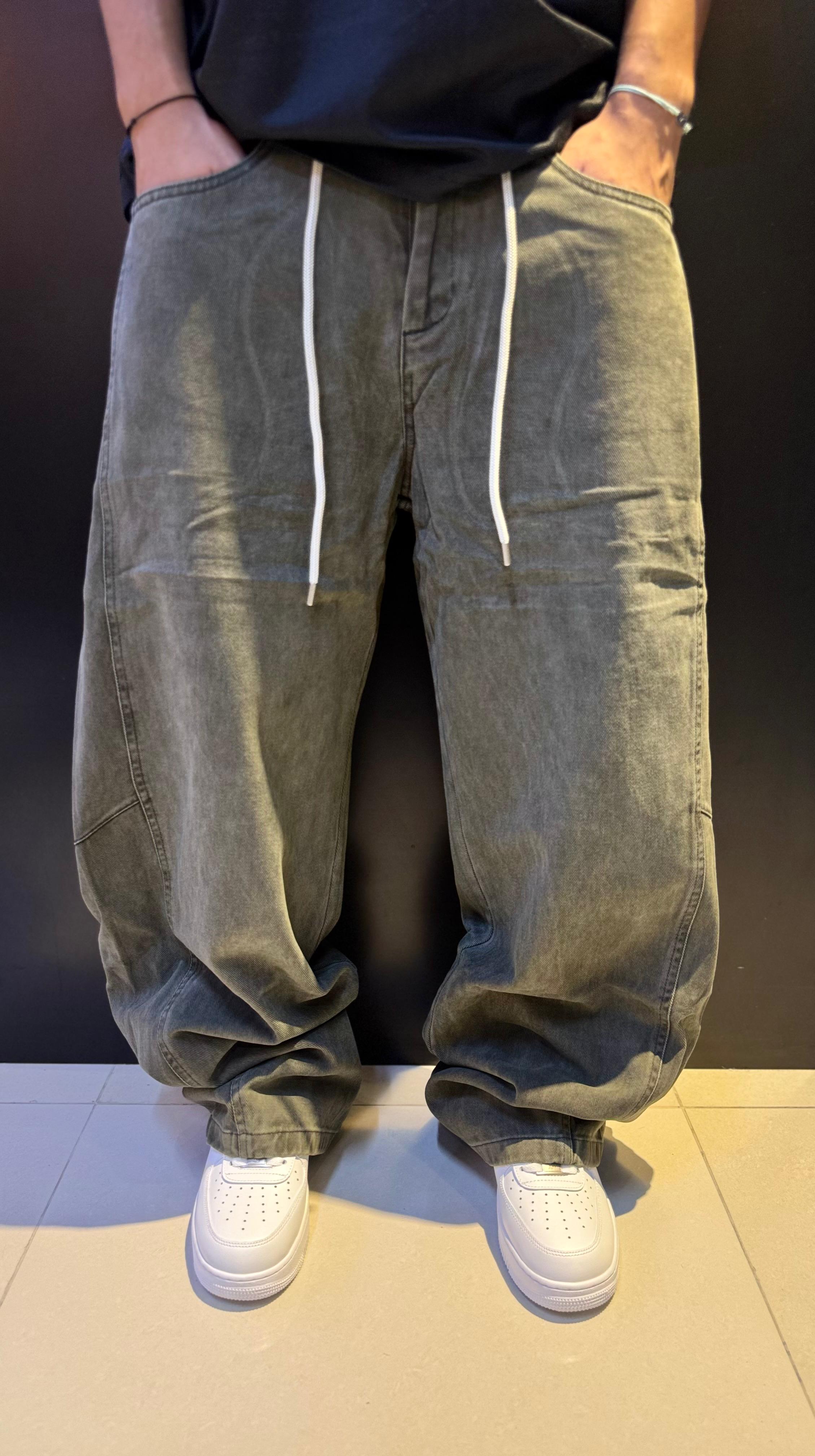 Oversized Drawstring Baggy Denim Cargo Pants - Faded Olive Green