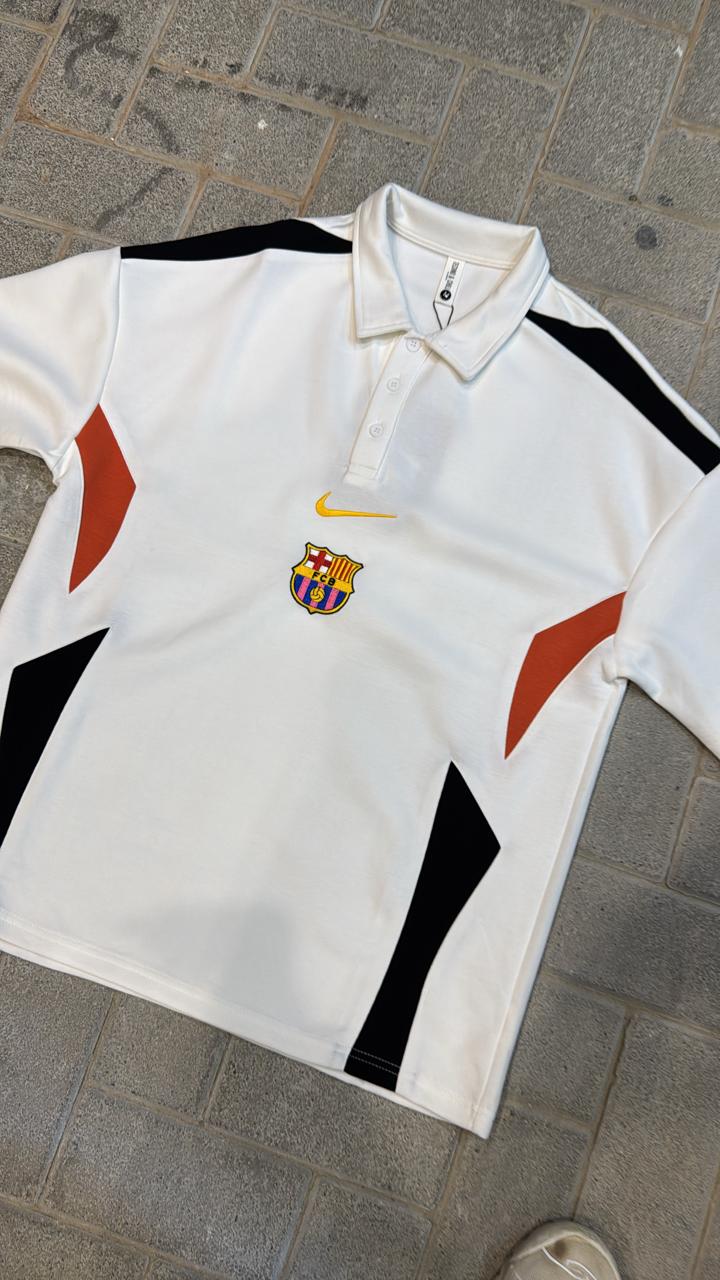 FC Barcelona White Polo Shirt - Unique Black & Orange Panel Design