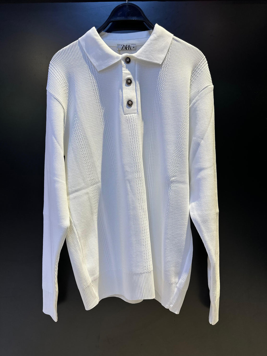 White Textured Knit Long-Sleeve Buttoned Polo