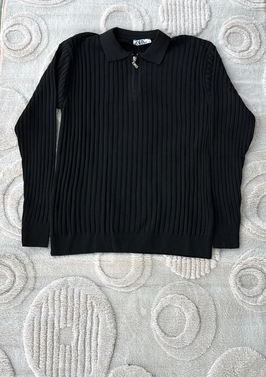 Zara Black Ribbed Knit Quarter-Zip Polo Sweater