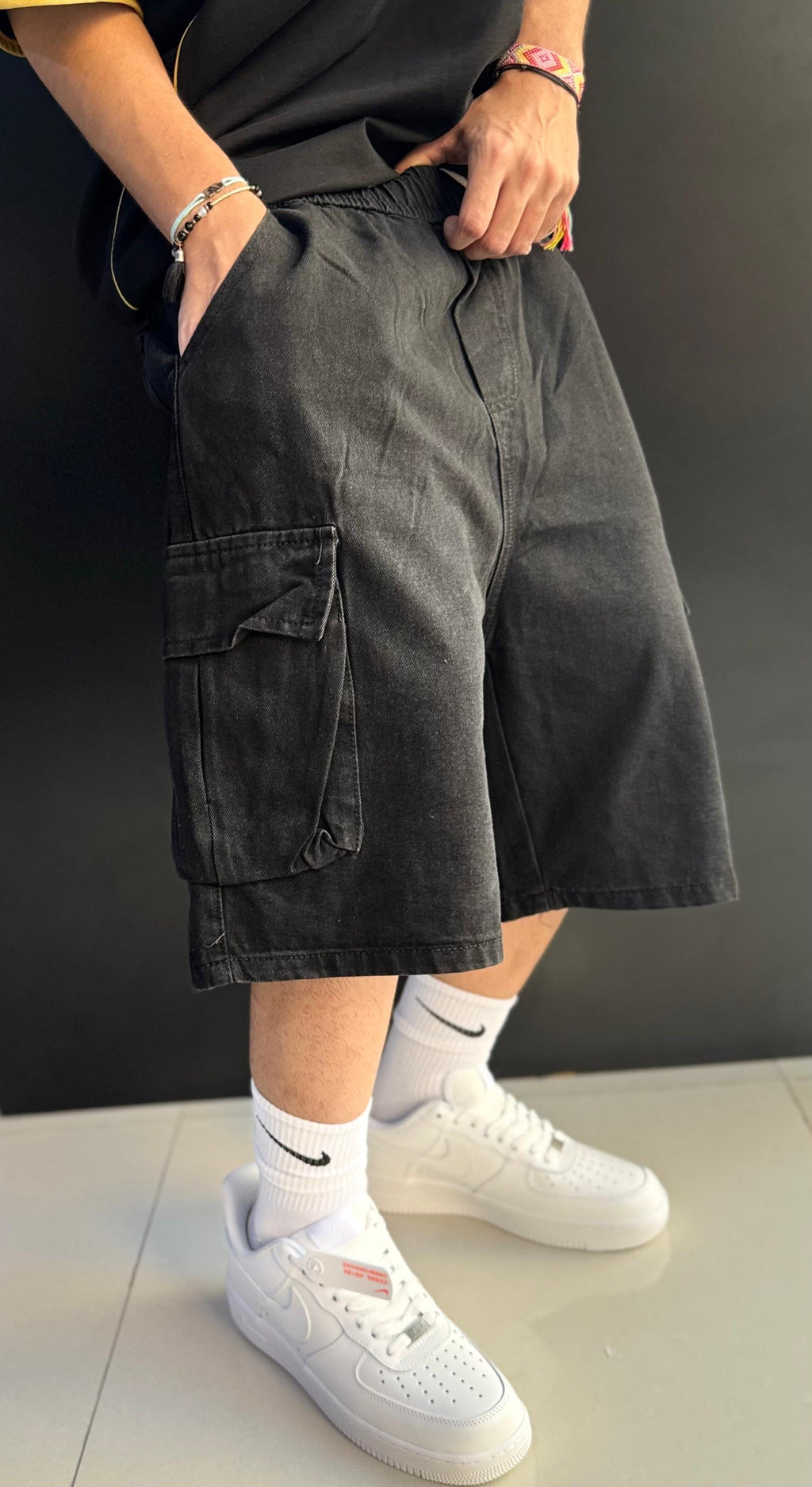 Oversized Dark Gray Denim Cargo Shorts with Drawstring
