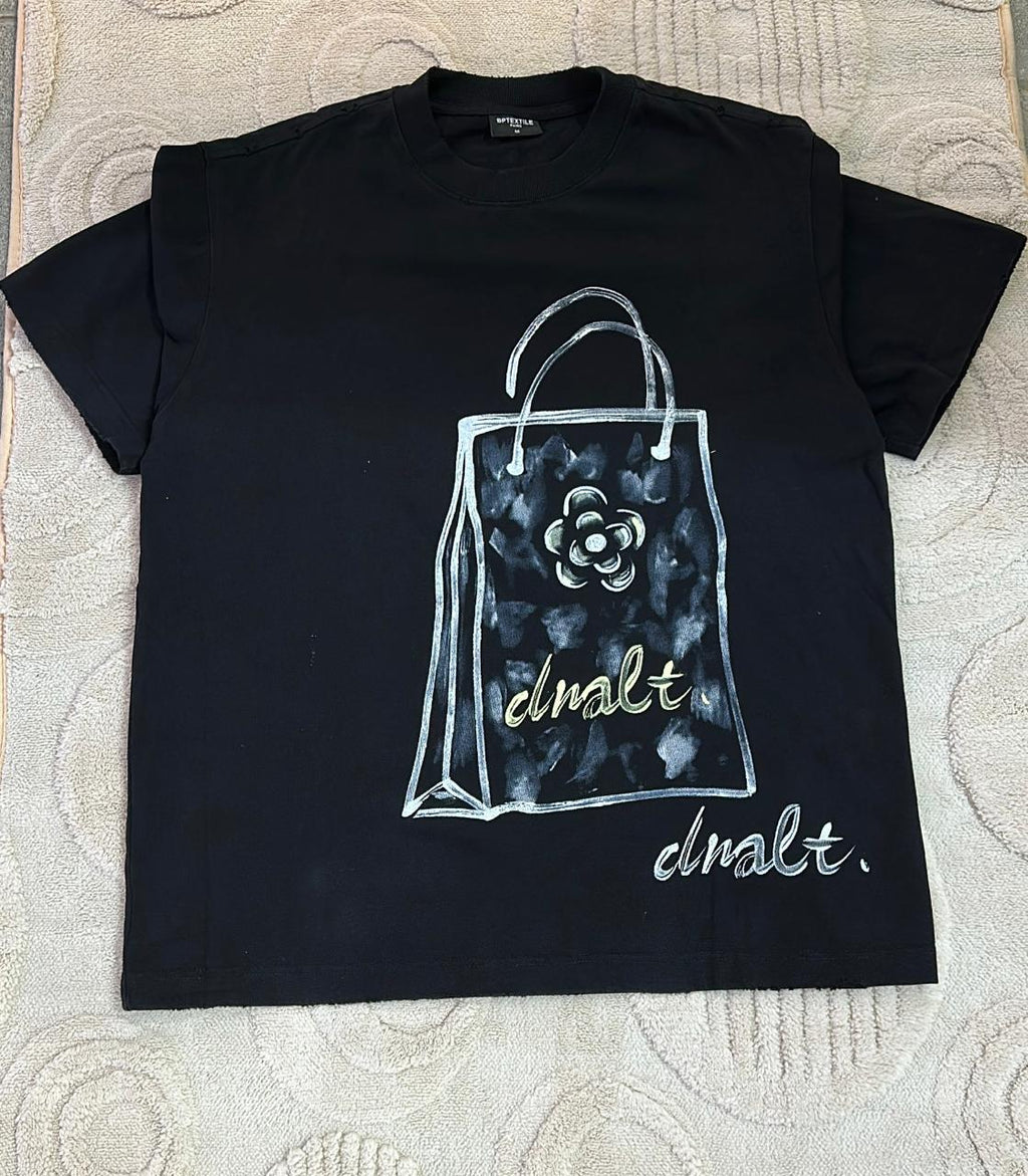 Bold Black Graphic T-Shirt | Hand-Drawn Style Shopping Bag Print Tee