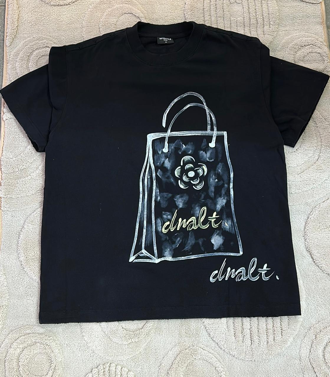 Bold Black Graphic T-Shirt | Hand-Drawn Style Shopping Bag Print Tee