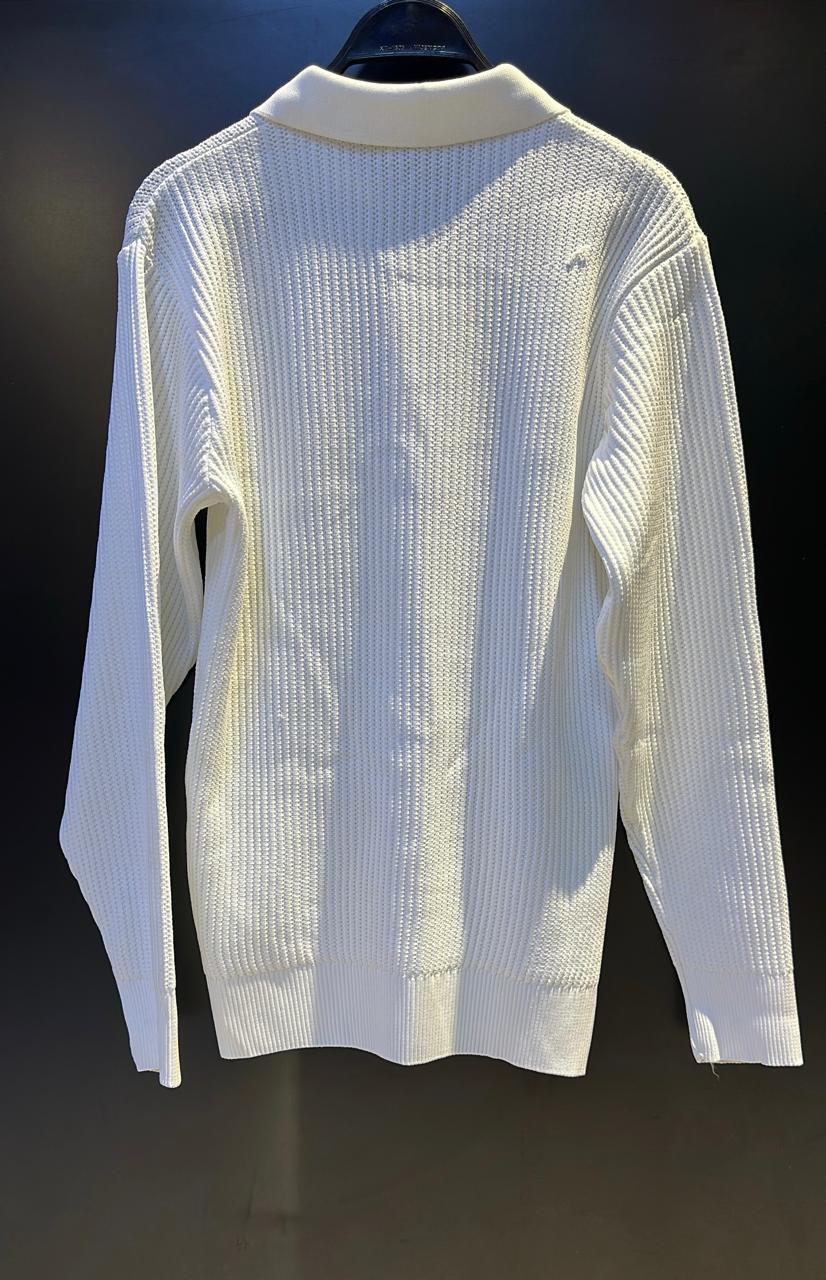Classic White Long-Sleeve Knit Polo Shirt with Brown Buttons