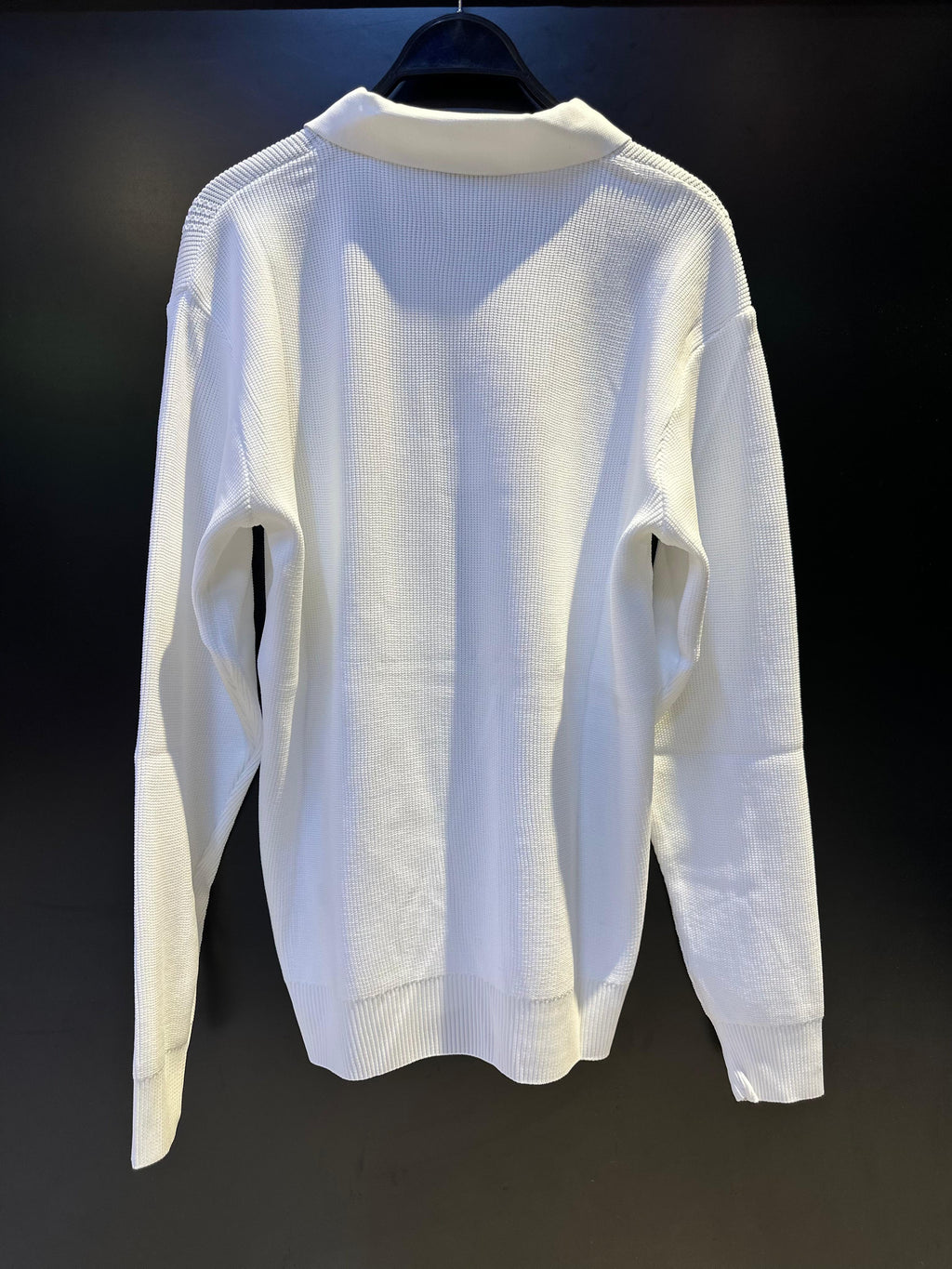 White Textured Knit Long-Sleeve Buttoned Polo