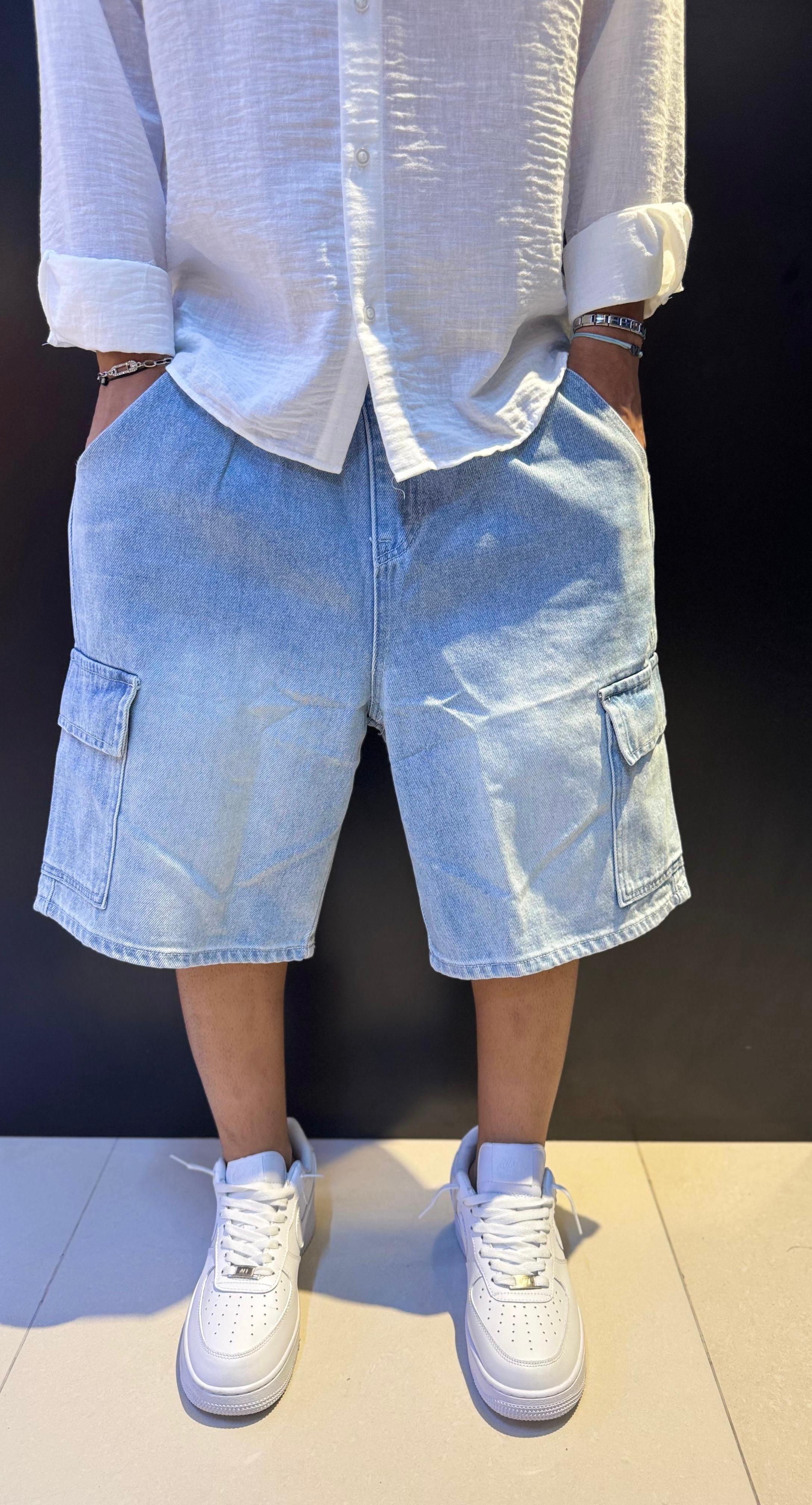 Men's Light Wash Denim Cargo Shorts