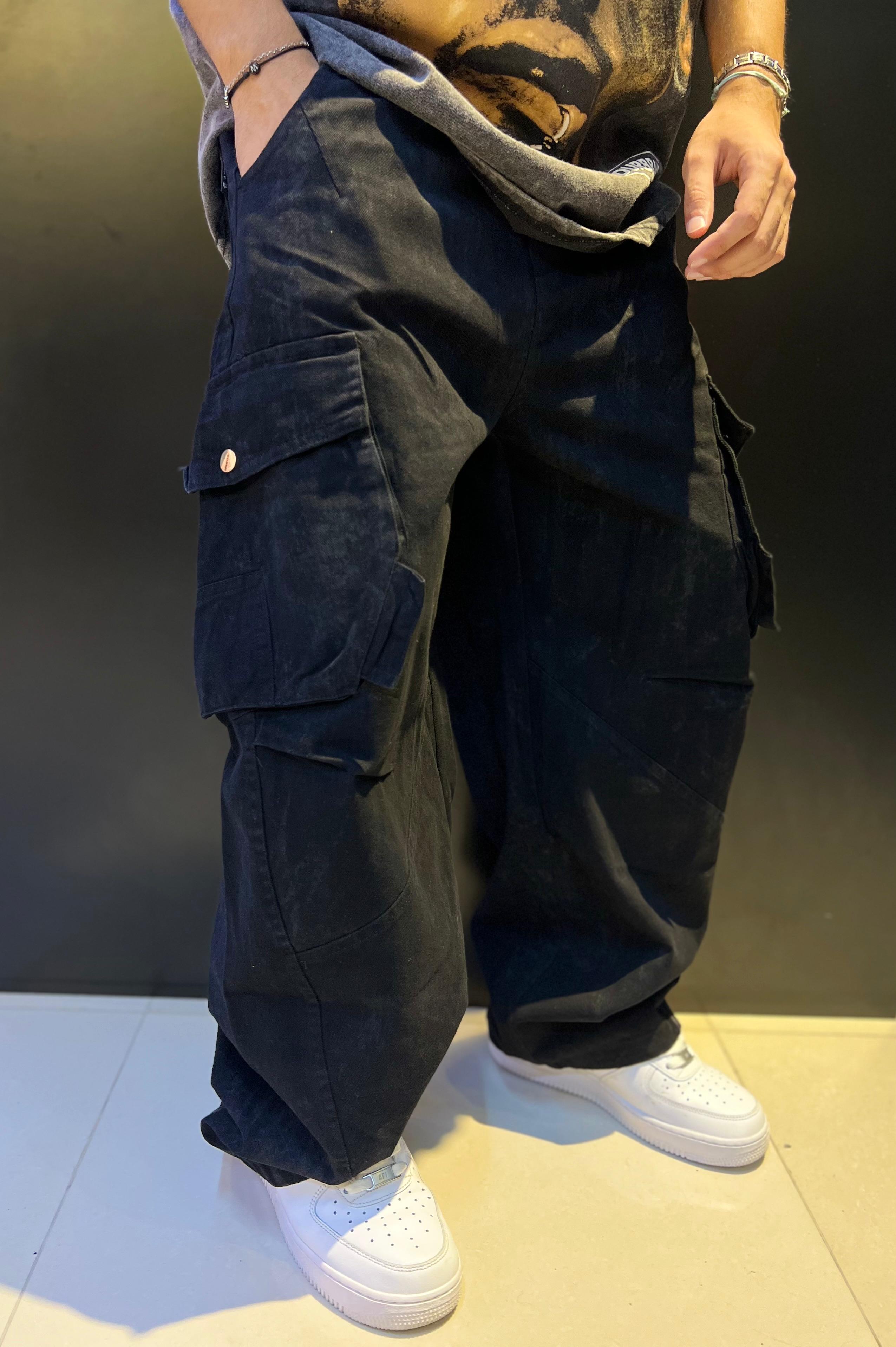 Washed Black Oversized Baggy Cargo Pants | Distressed Finish