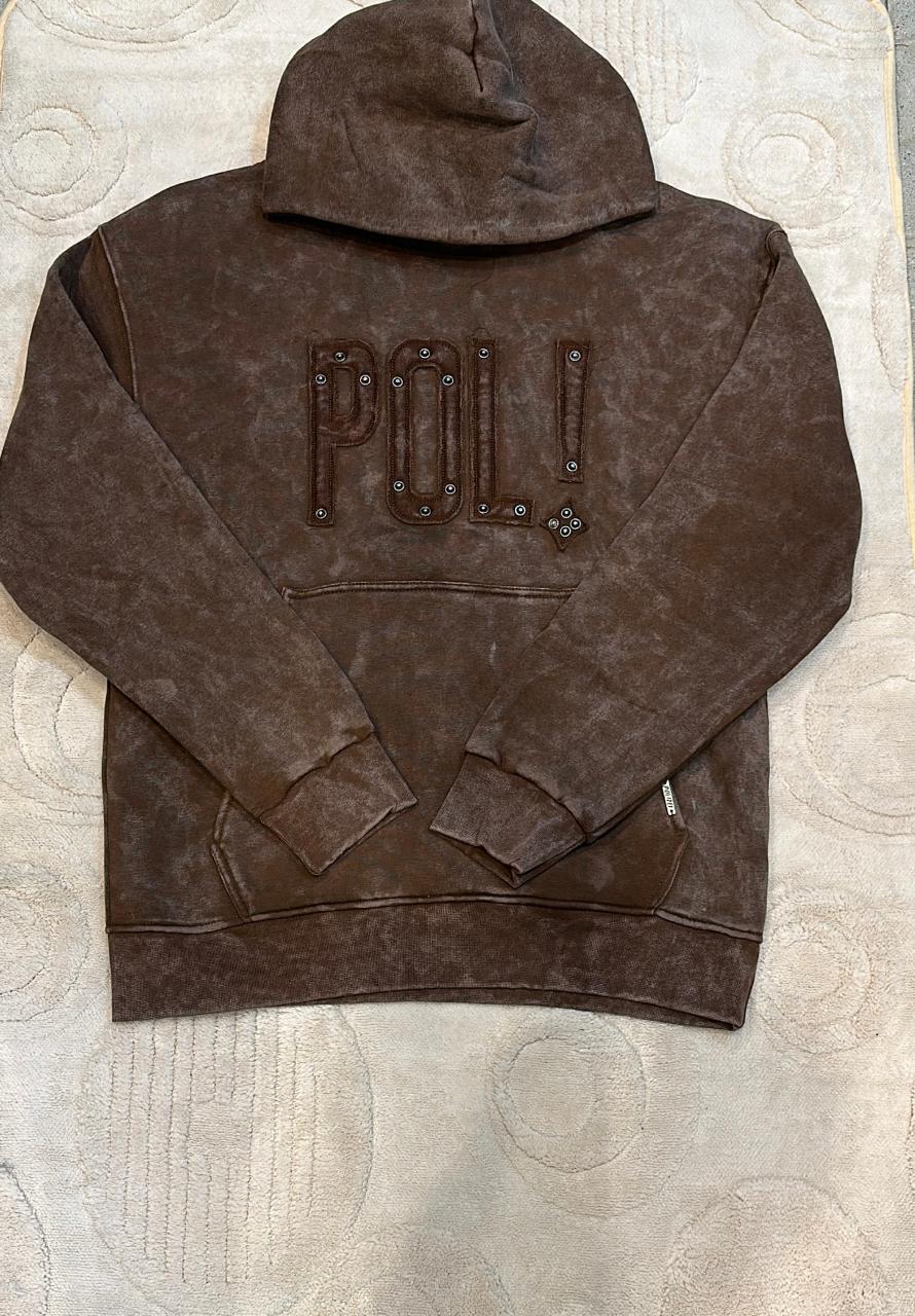 Vintage-Washed Brown Hoodie with Studded 'POLI!' Embroidered Logo
