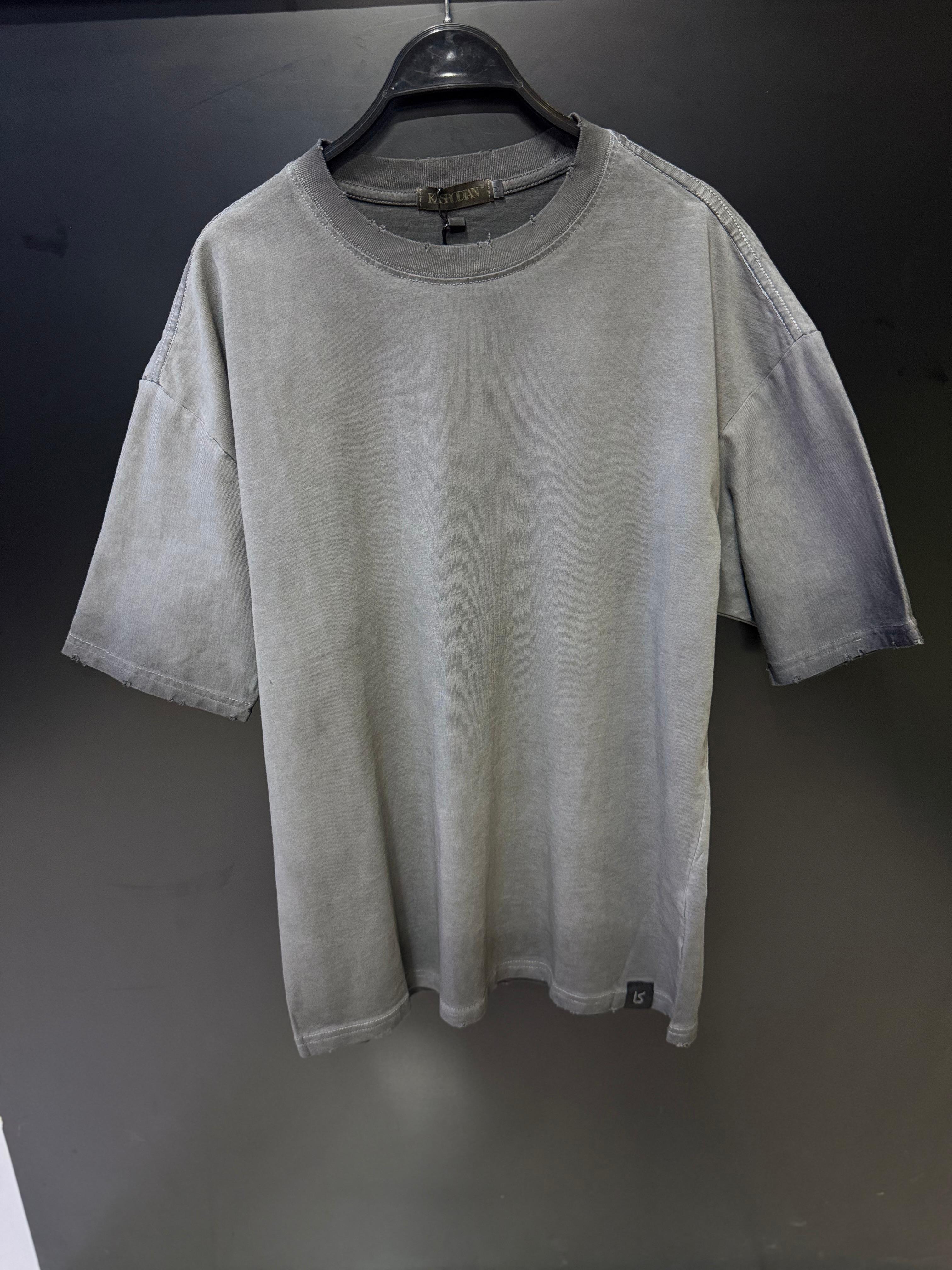 Washed Grey Oversized T-Shirt - Distressed Finish Crew Neck Tee