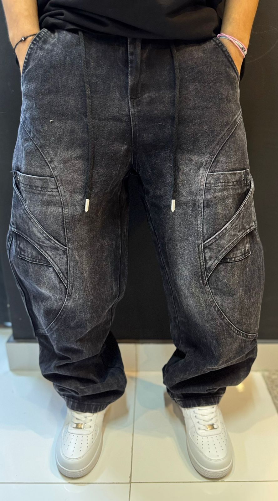 Streetwear Black Washed Denim Cargo Joggers - Baggy Fit