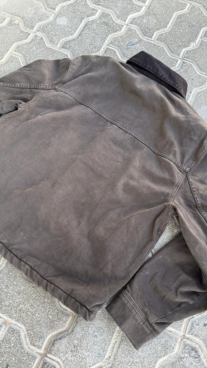 Zara Vintage Faded Brown Canvas Chore Jacket | Dark Contrast Corduroy Collar | Full Zip Workwear Coat