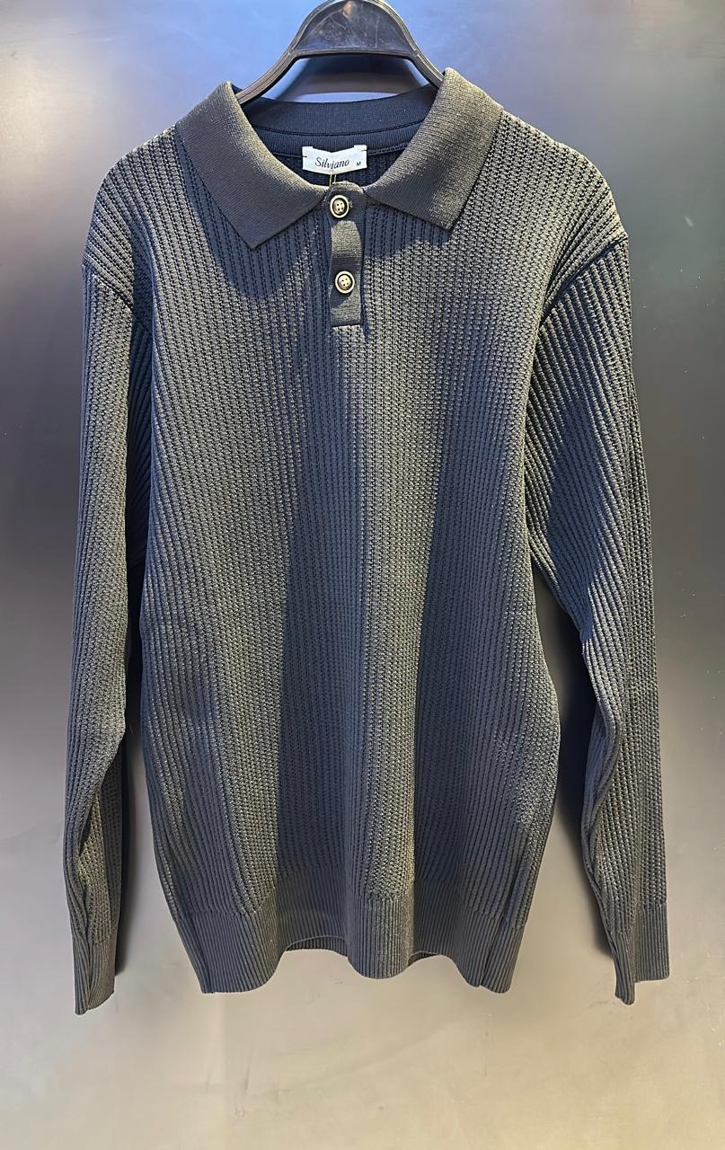 Men's Textured Rib-Knit Long Sleeve Polo Shirt - Charcoal Gray