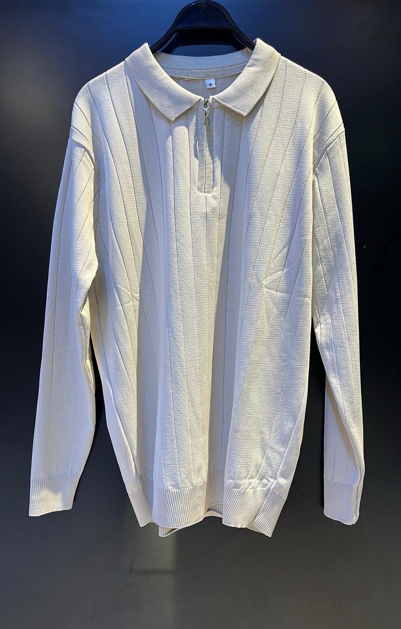 Men's Quarter-Zip Knit Polo Sweater - Cream/Ivory Diagonal Rib