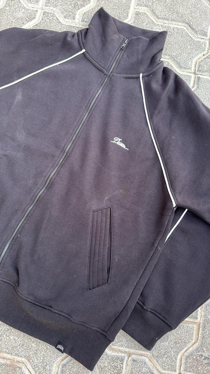 Vintage Style Black Full-Zip Track Jacket with White Piping | High Collar | Streetwear