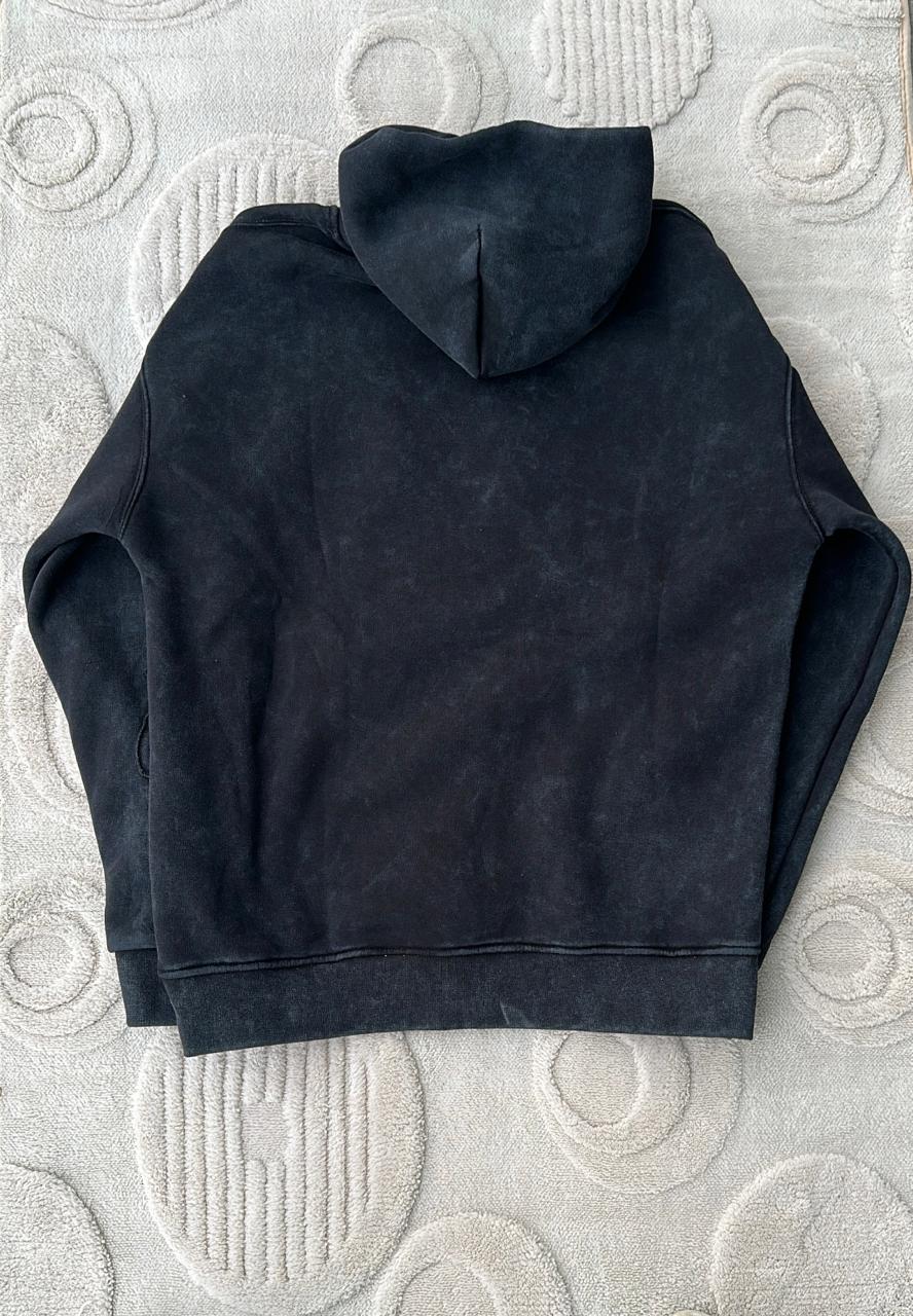 Black Washed Pullover Hoodie with Embossed Design