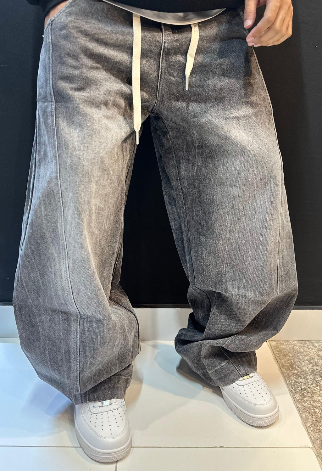 Washed Charcoal Baggy Drawstring Jeans