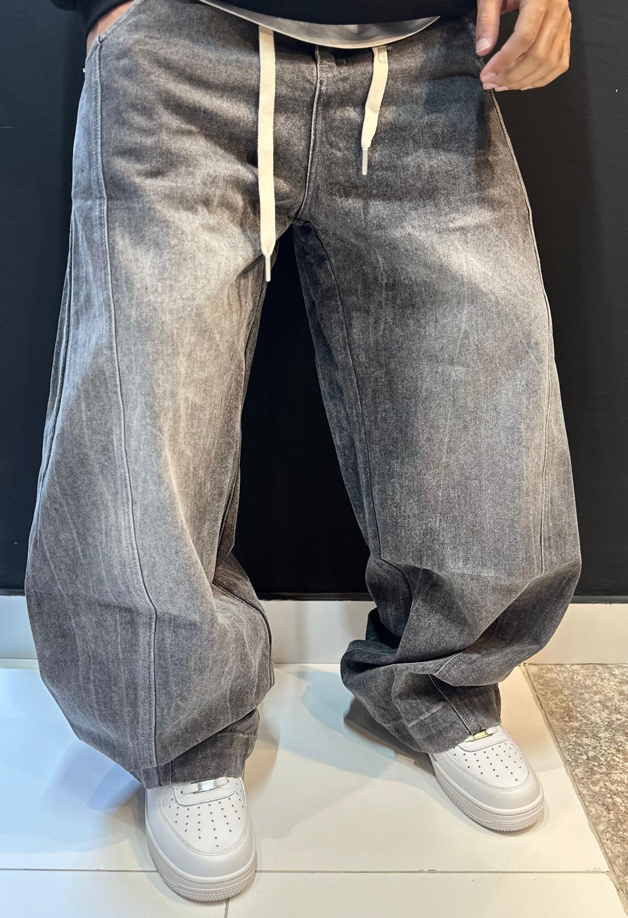 Washed Charcoal Baggy Drawstring Jeans