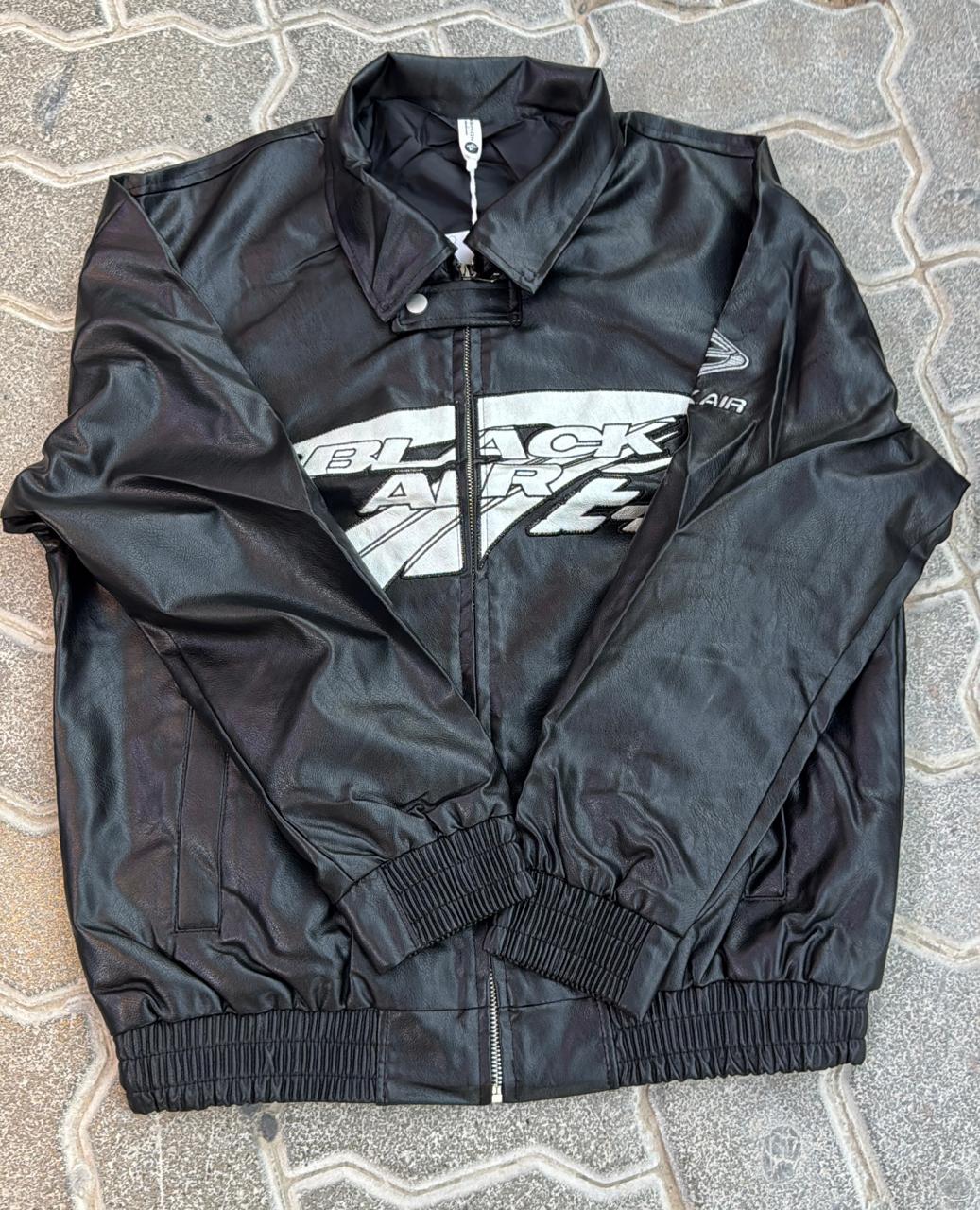Black Faux Leather Racing Jacket | "BLACK AIR" Chest Graphic | Full-Zip Streetwear Bomber