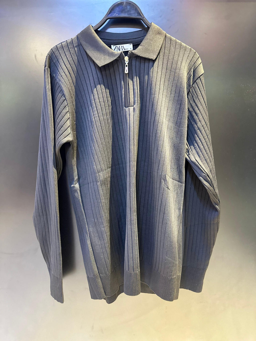 Zara Dark Gray Ribbed Knit Zip-Up Polo Sweater