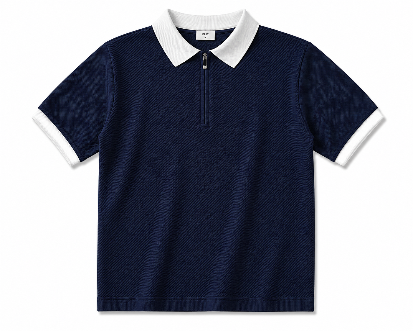 Elite Navy Blue Textured Zip Polo Shirt – Premium Smart Casual Knit Polo