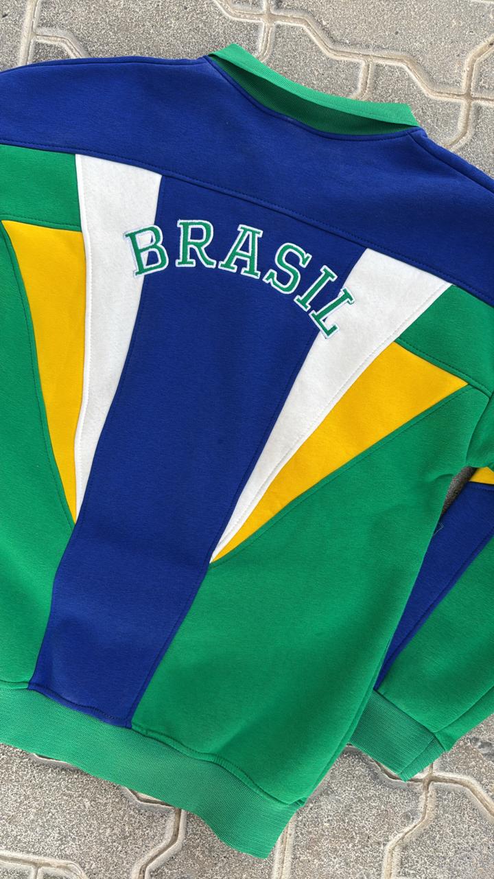 Vintage Brazil CBF Color Block Polo Sweatshirt | Retro Football / Soccer Pullover | Green, Blue, Yellow