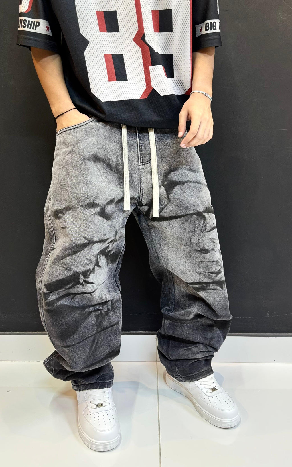 Oversized Wash Grey Baggy Denim Jeans | Distressed Fade Streetwear Pants