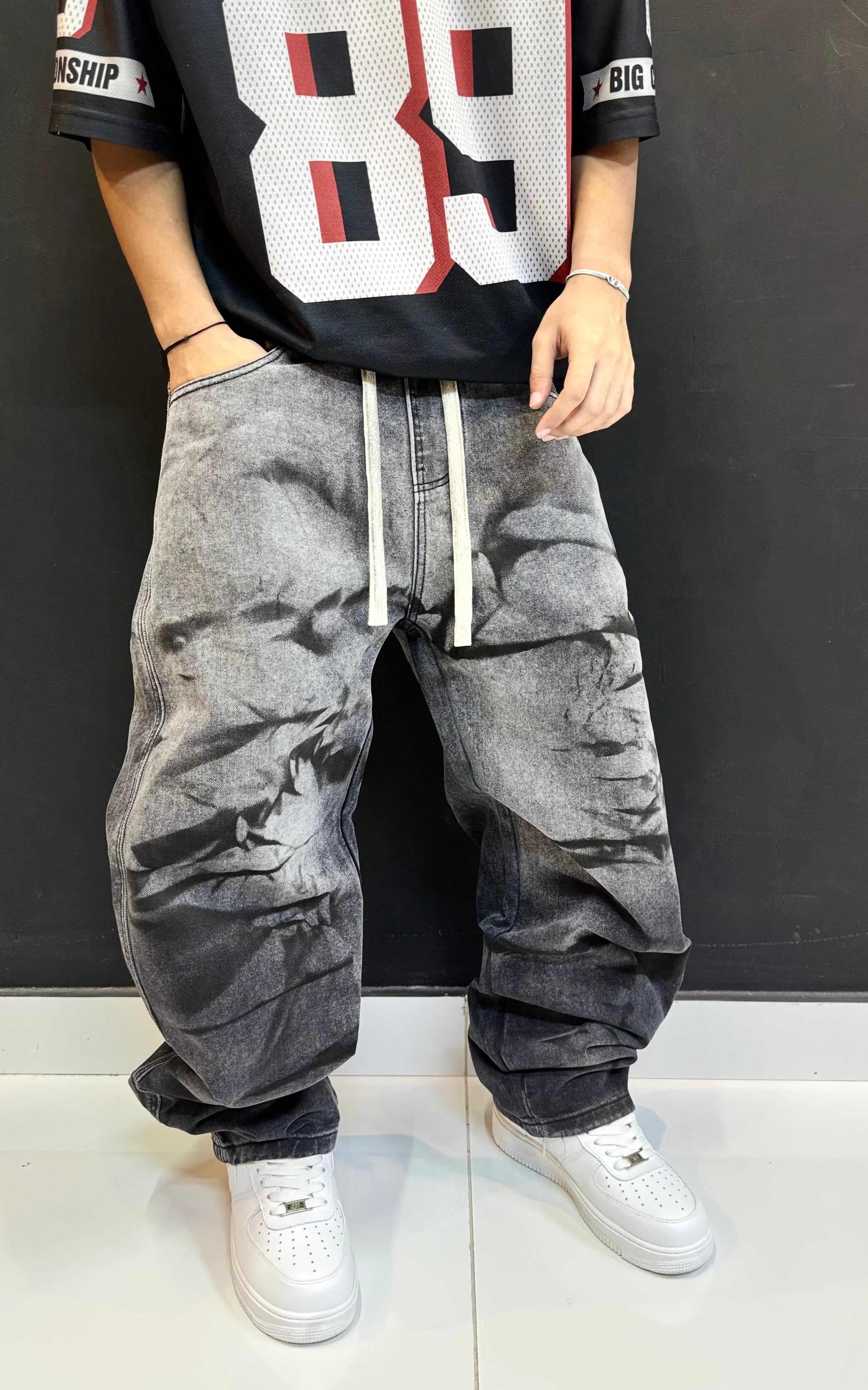 Oversized Wash Grey Baggy Denim Jeans | Distressed Fade Streetwear Pants