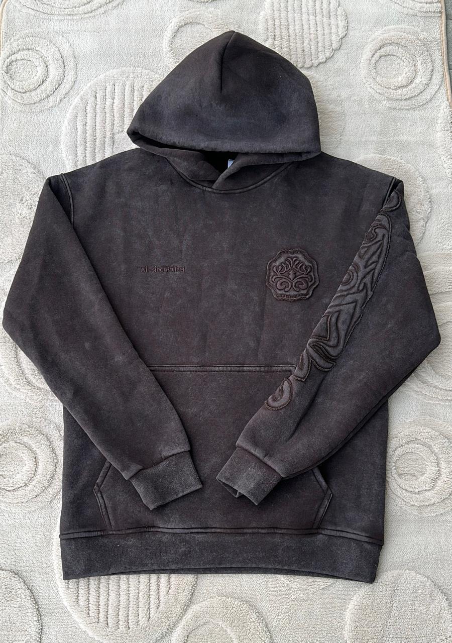 Brown POLI Vintage Dark Brown Washed Hoodie - Embossed Celtic/Knot Graphic Sleeve