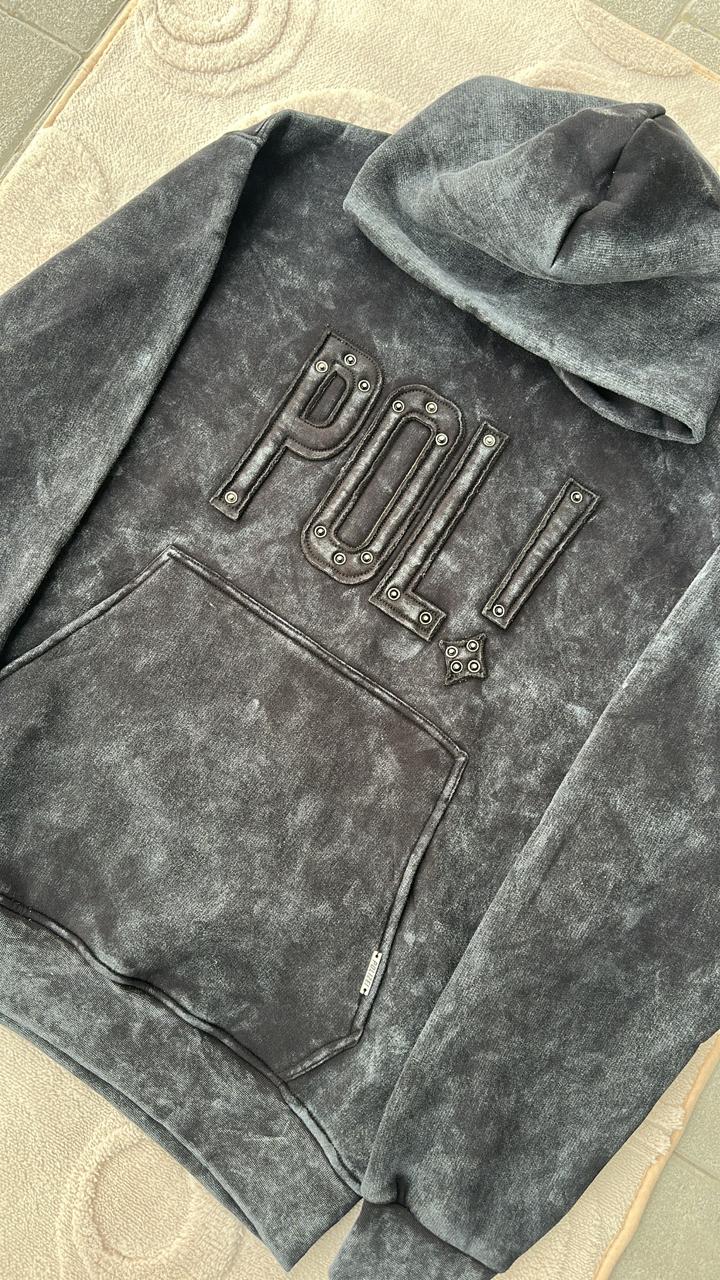 POLI! Streetwear Studded Hoodie - Charcoal/Black Acid Wash
