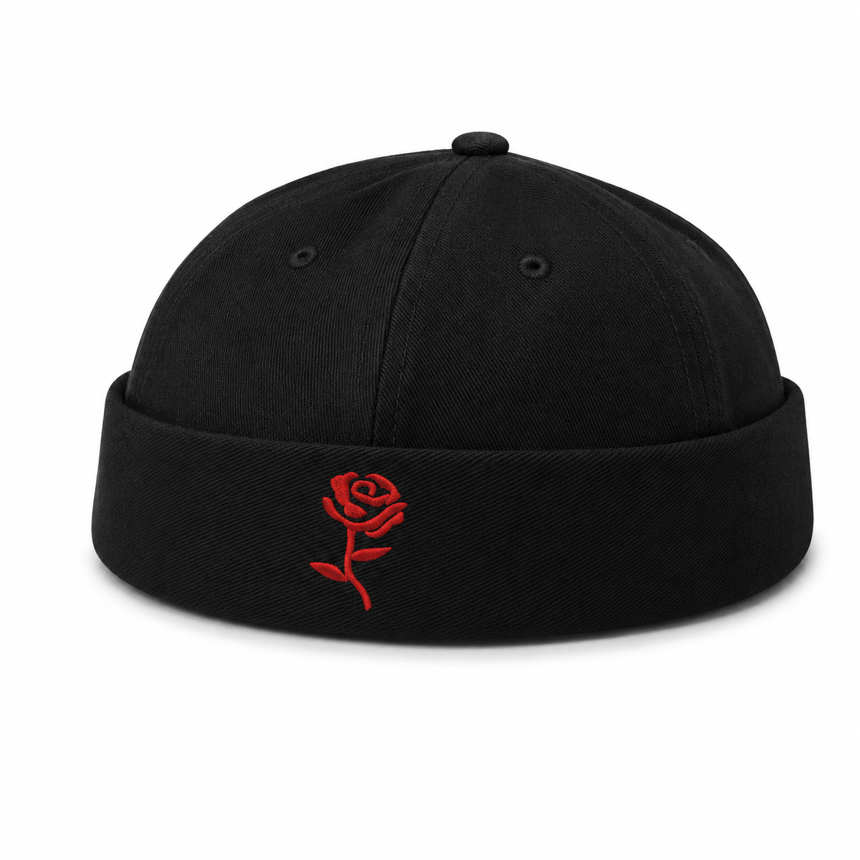 Red Rose Embroidered Docker Cap – Black