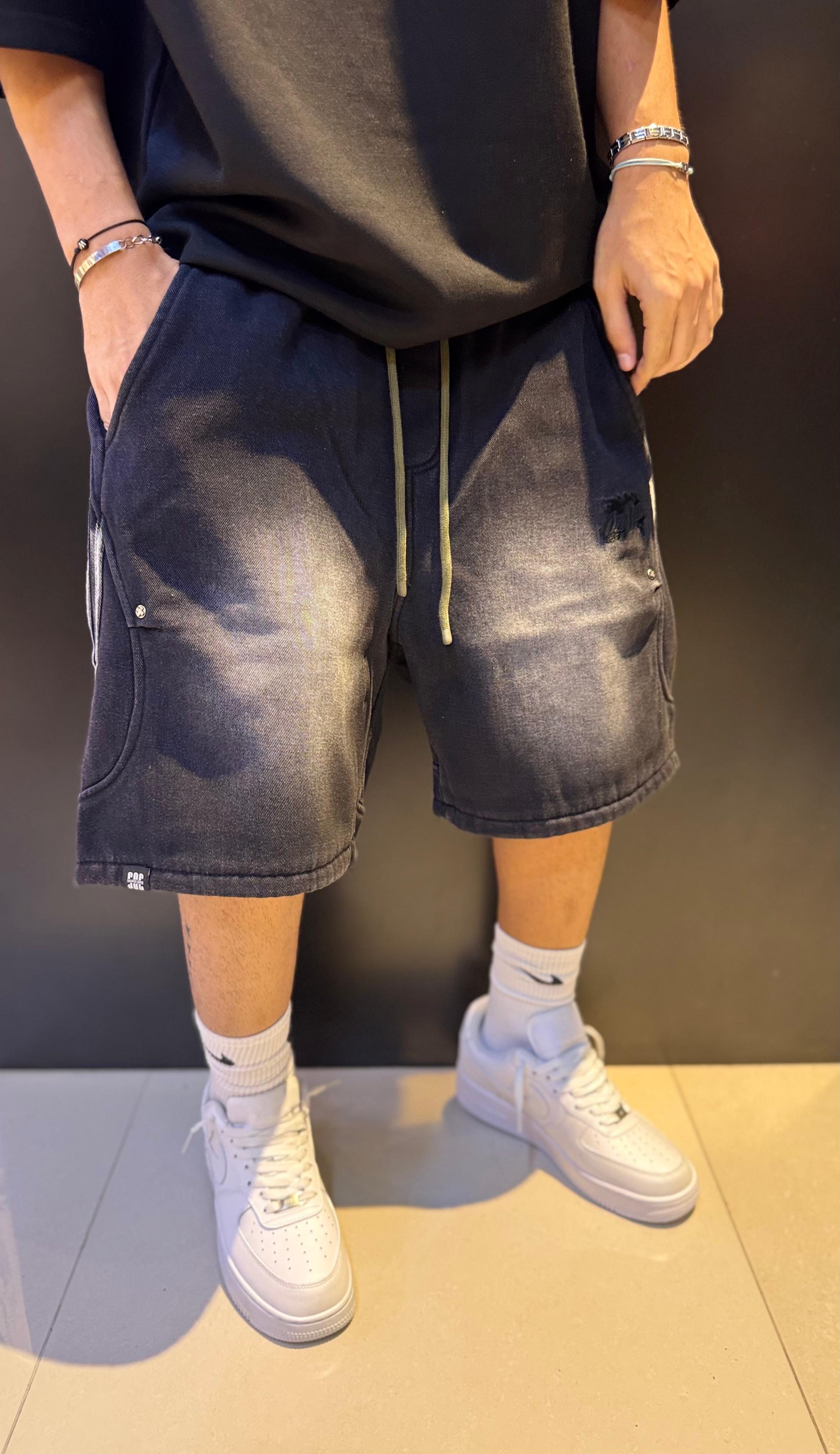 Washed Black Denim-Look Shorts with White Graphic and Drawstring