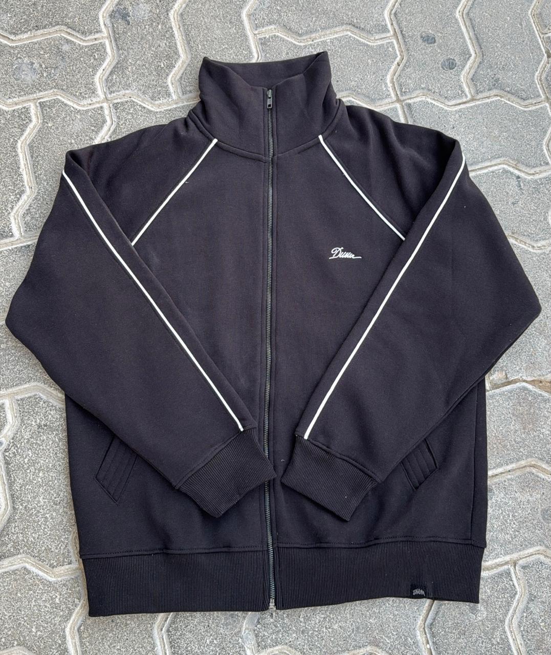Vintage Style Black Full-Zip Track Jacket with White Piping | High Collar | Streetwear