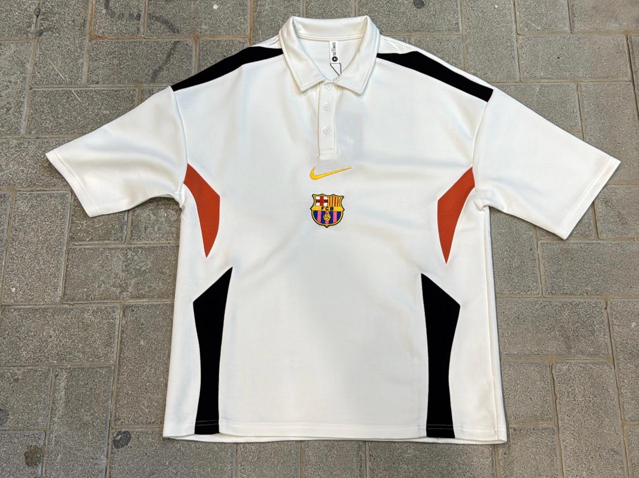 FC Barcelona White Polo Shirt - Unique Black & Orange Panel Design