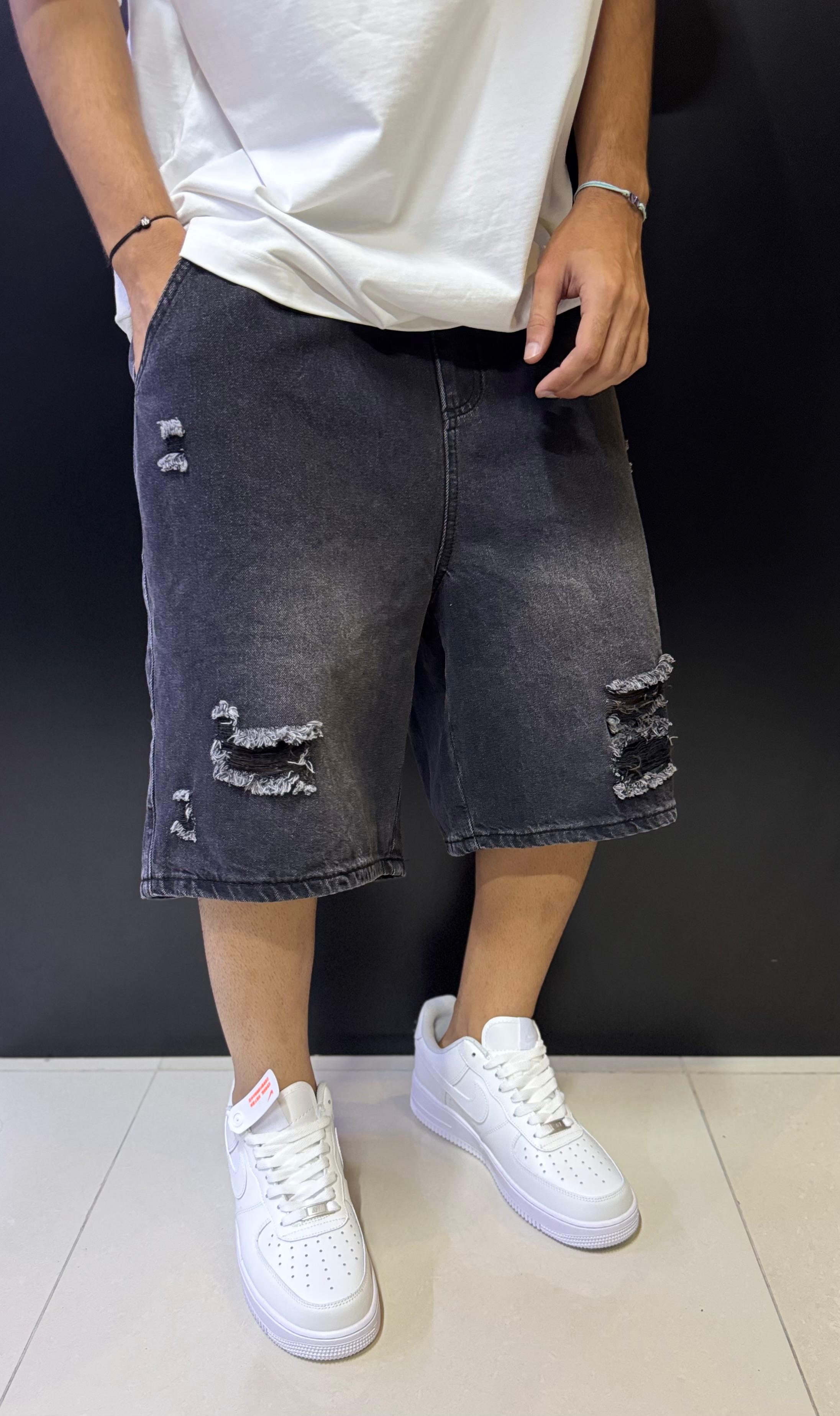 Men's Distressed Washed Black Denim Shorts