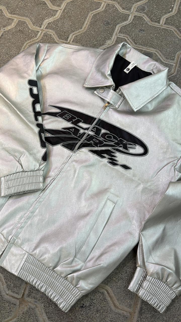 Iridescent Silver Faux Leather Racing Jacket | Black "BLACK AIR" Graphic Print | Metallic Streetwear Bomber
